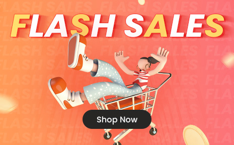 Colorful graphic featuring a person joyfully sitting in a shopping cart with the text FLASH SALES and a Shop Now...