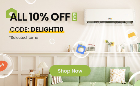 Promotional banner for a sale offering 10% off with code DELIGHT10, featuring an air conditioner and home decor