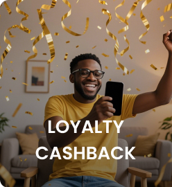 Man in a yellow shirt celebrating with a smartphone, surrounded by gold confetti, with LOYALTY CASHBACK text