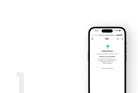 Mobile phone displaying an order confirmation screen with a thank you message and order number