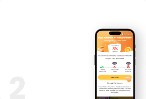 Mobile phone displaying a cashback rewards offer with 8% savings, featuring options for qualifying purchases